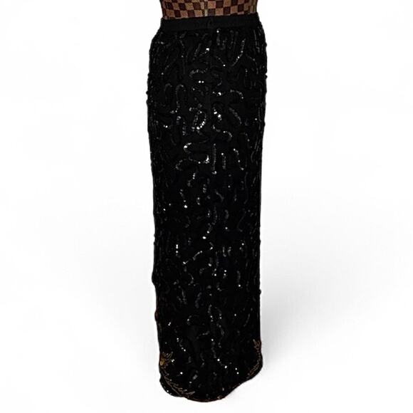 Vintage 80s Black Sequin Gold Leaf Beaded Midi Skirt Glam Cocktail Evening Small - Picture 4 of 11